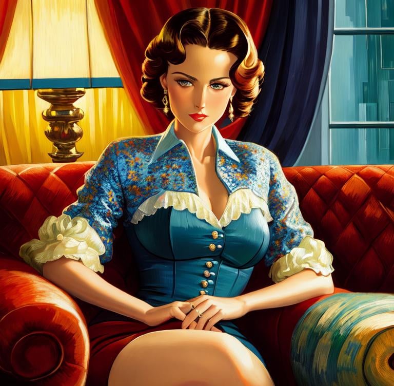 Prompt: Woman sitting on the sofa, Style Catherine Abel and Vincent van Gogh,8k, dynamic lighting, ultra detailed