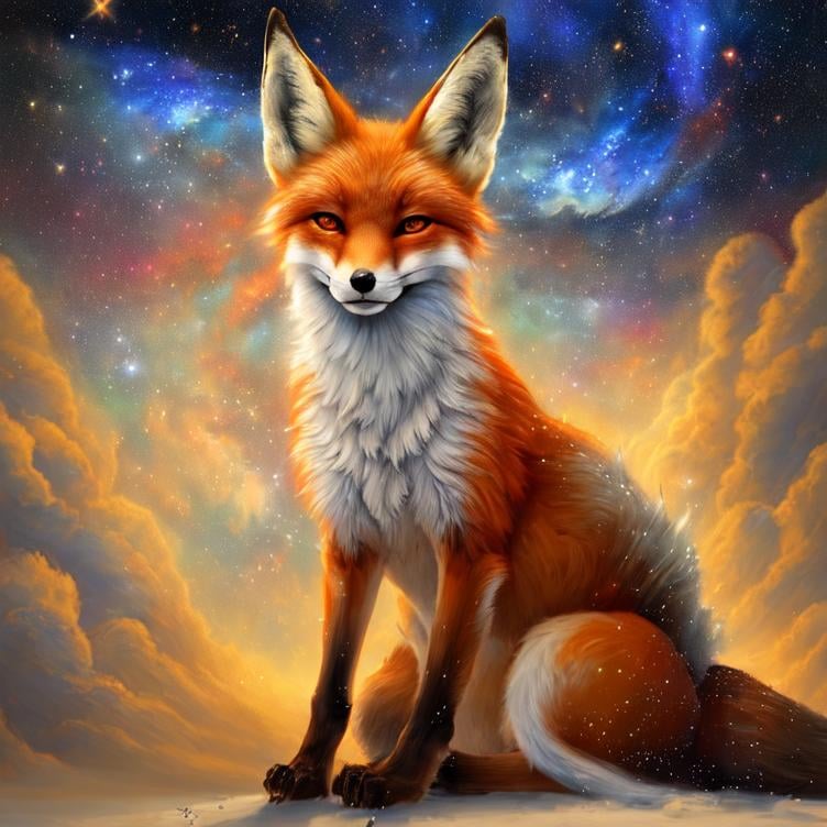 Prompt:  Oil painting by Botticelli portrait of a beautiful fox observing star dust and clouds in the milky-way, stunning image, epic fantasy image, award-winning cgi, artstation, blender 