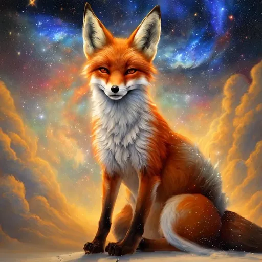 Prompt:  Oil painting by Botticelli portrait of a beautiful fox observing star dust and clouds in the milky-way, stunning image, epic fantasy image, award-winning cgi, artstation, blender 