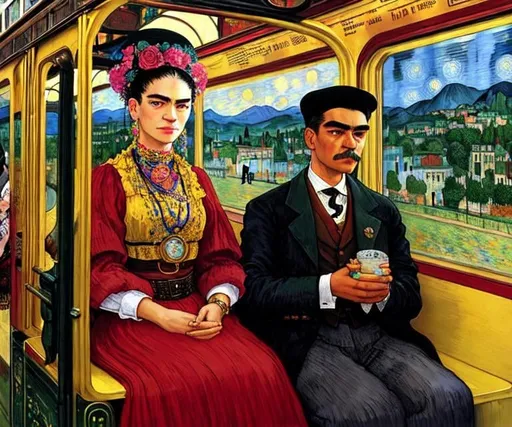 Prompt: A blind man is riding the train. Frida Kahlo a young woman joins him in his carriage, van Gogh style, Fantastic view, Alphonse Mucha , Gustav Klimt, Enki Bilal