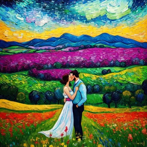 Prompt: Woman kissing Man in landscape of the countryside, Style Flora Bowley and Vincent van Gogh,8k, 
 dynamic lighting, ultra detailed