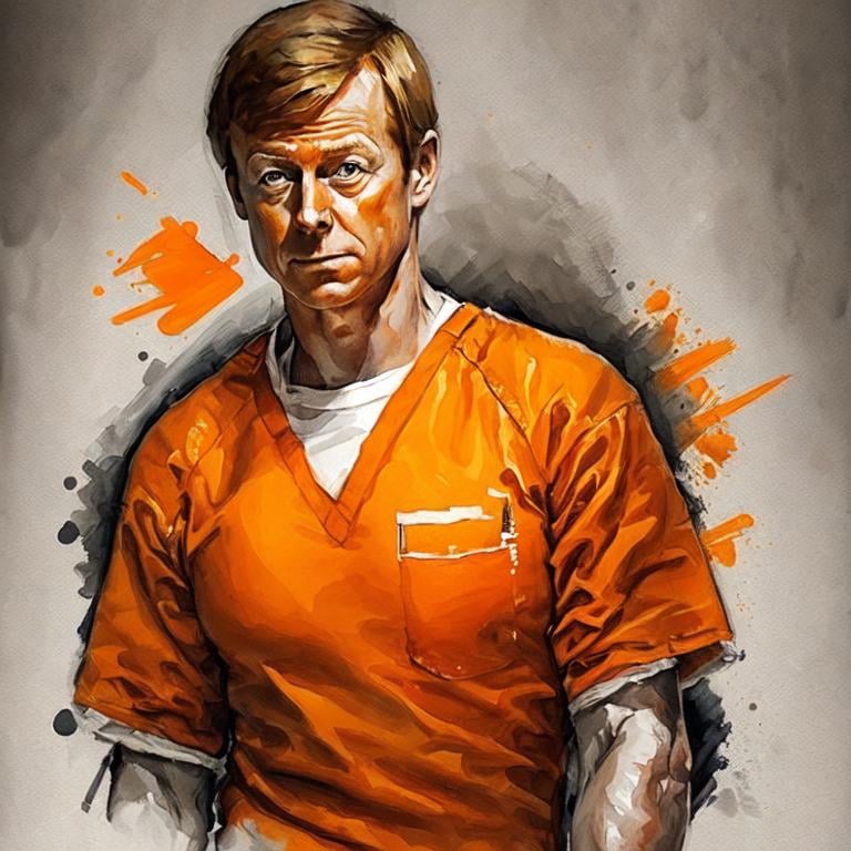 Prompt: King willem alexander in prison wearing orange scrubs prison uniform