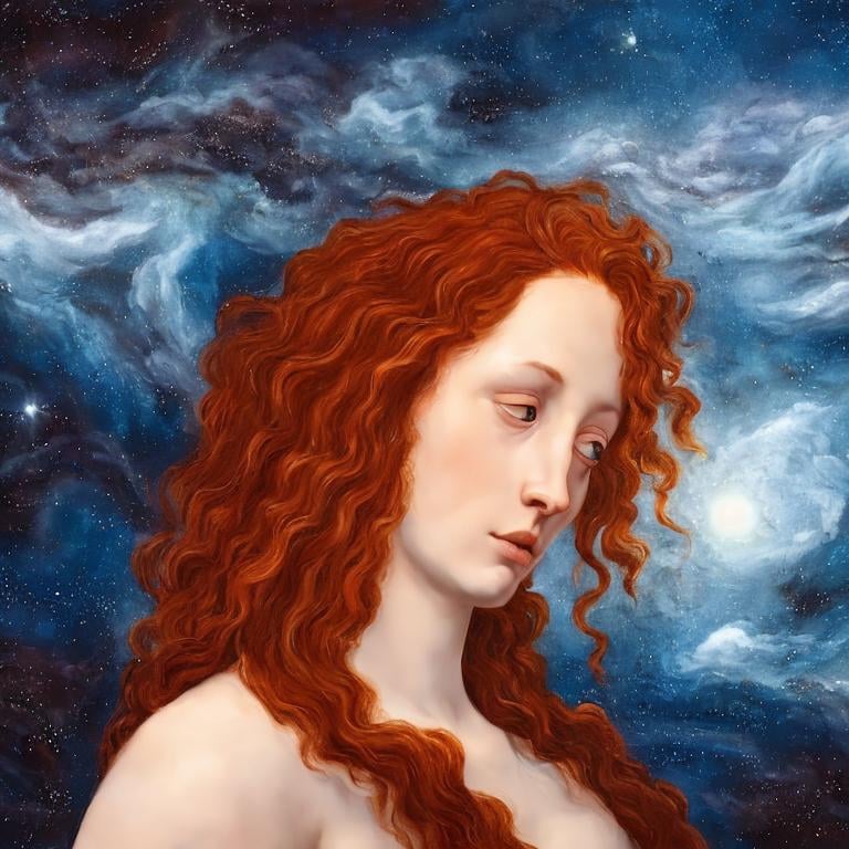 Prompt:  Oil painting by Botticelli portrait of a beautiful woman with curly auburn hair observing star dust and clouds in the milky-way, stunning image, epic fantasy image, award-winning cgi, artstation, blender 