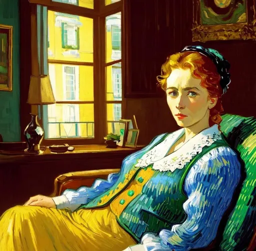 Prompt: Woman sitting on the sofa, Style  Vincent van Gogh,8k, dynamic lighting, ultra detailed