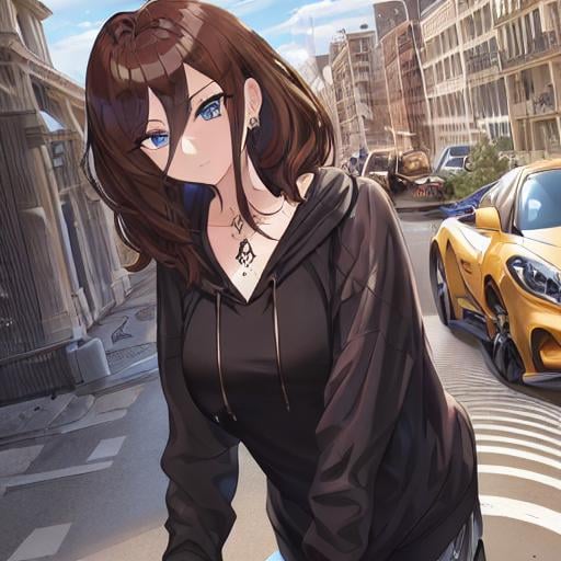 Prompt: SamDoesArt, a girl, brown hair, blue eyes, black hoodie, piercing, tattoos, day, sunny, cars, city, HDRI, masterpiece, smooth, sharp focus, illustration, golden ratio, 