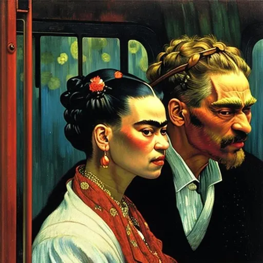 Prompt: A blind man is riding the train. Frida Kahlo a young woman joins him in his carriage, van Gogh style, Fantastic view, Alphonse Mucha , Gustav Klimt, Enki Bilal