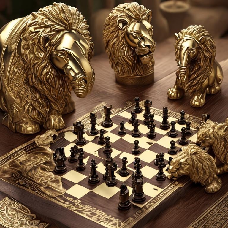 Prompt: Chess with lion as the king lioness as queen horse as knight elephant as bishop and camel as rook and cat as pawn ultra realistic art