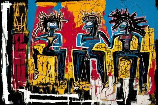 Prompt: comic style, stunning background, abstract painting using  black white dark blue and gold  basquiat style lesbian lovers with locs and black and white illusion lines