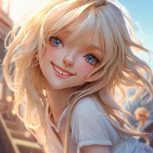 Prompt: Anime girl, blond hair, smile, sunny, day, taking selfie, HDRI, masterpiece, smooth, sharp focus, illustration, golden ratio, smooth soft skin, big dreamy eyes, beautiful intricate colored hair, symmetrical, anime wide eyes, soft lighting, detailed face, by Sam Yang 