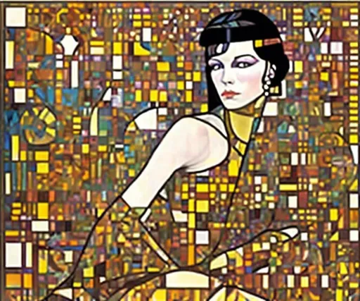 Prompt: Create a digital painting of geometric, stylized full color Beardsley, Bagshaw, Picasso, Kusama, Mucha: Full Length Portrait Of Louise Brooks  
Picasso Alphonse Mucha patchwork by Gustav Klimt and James Jean