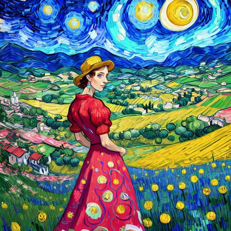 Prompt: Beautiful italian lady in an beautiful landscape of Umbrië, Style Flora Bowley and Vincent van Gogh,8k, dynamic lighting, ultra detailed