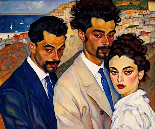 Prompt: Pair oil portrait of french couple in style of egon schiele, , happy man and woman 
, light skin, beautiful hair, masterpiece, high quality, single focus, full body, high angle, perfect face, intricate detail, body, closed navel, closed, eyes up, extremely detailed eyes and face, piercing gaze, big eyes, seashore  in the background, dense forest, butterflies, fireflies, rich colours, , dramatic unrealistic lighting , Digital Art