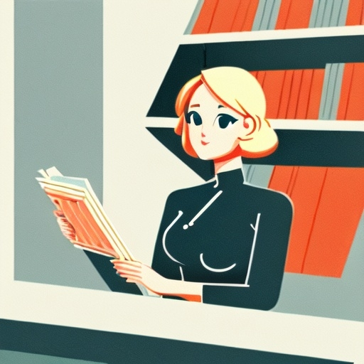 Prompt: minimalist graphic poster of a modern young blonde vietnamese woman sitting behind the counter in a little vintage bookstore. She looks up with pleasant surprise to great a european woman entering the bookshop, solid colors only. one line drawing. art deco and marimekko, final features, illustrative stylization, graphic emphasis, high accent textures, colored line patterns.