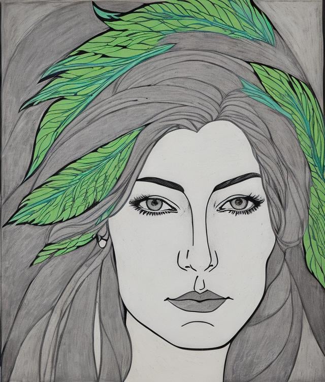 Prompt:  in the style of Risto Klint. a middle aged woman with long gray hair. she has green eyes. she has green feathers in her air. in the style of Risto Klint. in the style of Risto Klint.