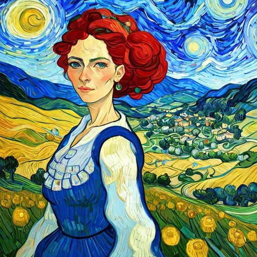 Prompt: Beautiful italian lady in an beautiful landscape of Umbrië, Style Flora Bowley and Vincent van Gogh,8k, dynamic lighting, ultra detailed