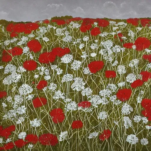 Prompt: Queen Anne’s Lace, red and white and black and yellow landscape. Detailed buildings with gray roofs. No floating flowers in the sky. No buildings on top of flowers in the sky. Unsigned, no signature 