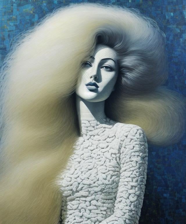 Prompt: minimalism, art deco, constructivism,
very fluffy long hair, fluffy opulence,
oil on canvas, oil impasto, oil mosaic, pastel, hyperrealism, Pointillism,
portrait, centered,

close-up, beautiful sensual woman wearing a lace fractal dress, 

by Doug Menuez, by David Jones, by Melvin Sokolsky

sequins, glitters, crystal dust, platinum dots
rich light, platinum foil, chopped metal
rim light, inner glow, volumetric light
