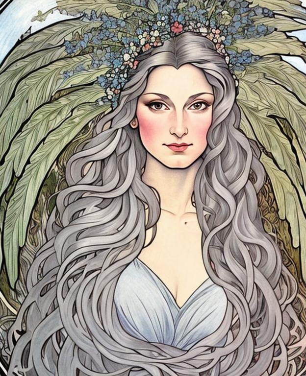 Prompt:  in the style of botticelli. a middle aged woman with long gray hair. she has green eyes. she has green feathers in her air. in the style of alphonse mucha. in the style of maurice sendak.