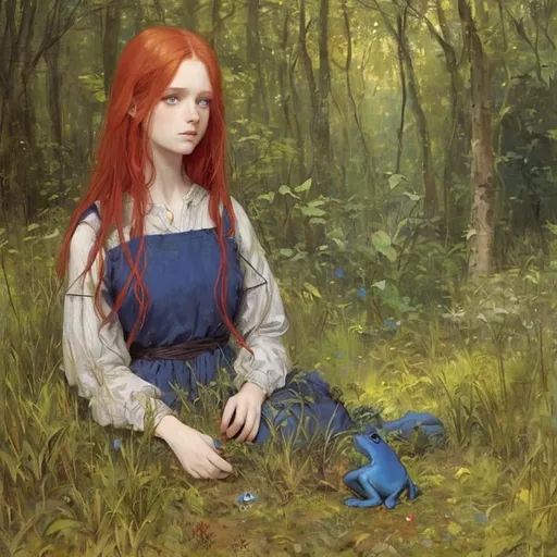 Prompt: cosy, professional painting ,a resting red haired Girl with messy long hair, and a blue Frog, looking at the camera, in a forest, detailed grass, detailed hair, by Jules Bastien-lepage, expressive eyes, detailed lawn, Vibrant Colors, night lighting, centered, wide
