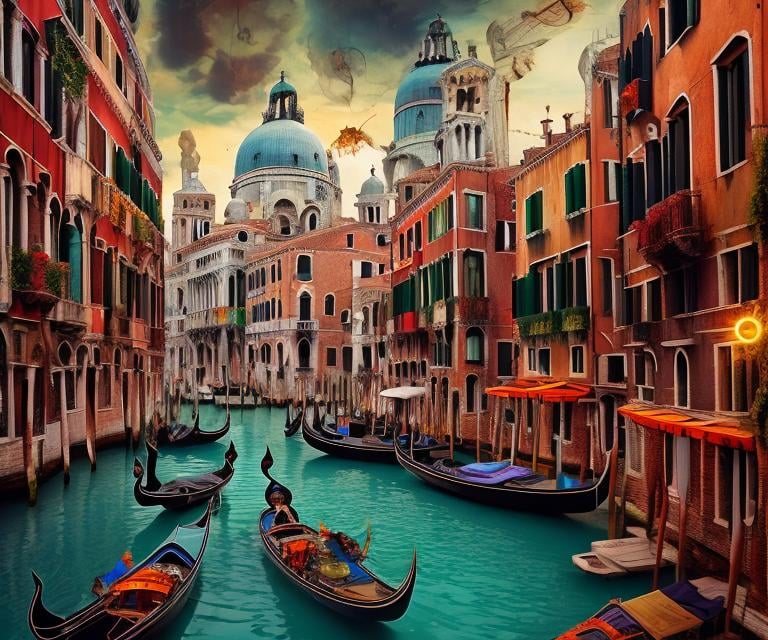 Prompt: colorful and surreal steampunk Venezia with a lot of grotesque fractal patterns