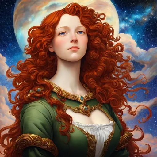 Prompt:  Oil painting by Botticelli portrait of a beautiful woman with curly auburn hair observing star dust and clouds in the milky-way, stunning image, epic fantasy image, award-winning cgi, artstation, blender 