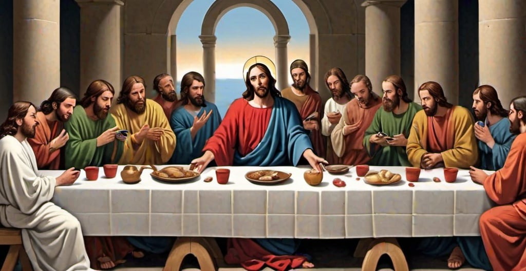 Prompt: Holy Nonsense --- The holy scene, Jesus is sitting at a table with his twelve (12) apostles for his last meal, he speaks in deep and wise words, but the twelve apostles are all distracted looking at their cell phones, Christianity and digitalisation, absurdity of the wise philosopher confronted with the hedonistic narcissism of a civilization that only believes in the connected gadget  
