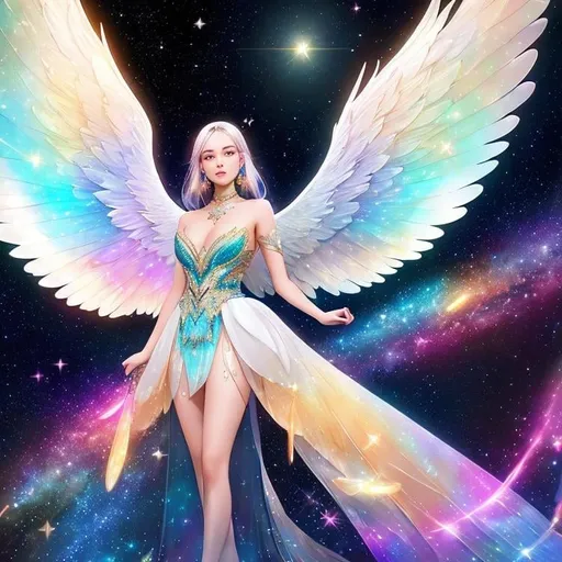 Prompt: Gorgeous angel and mother-of-pearl colored wings made out of luminous stars and galaxy at night, hyperdetailed and highly intricate digital illustration by Ismail Inceoglu, Erin Hanson, Hayao Miyazaki and Yoshitaka Amano, a masterpiece, 8k resolution, trending on artstation, Ray Tracing Reflections, volumetric lighting, deep colors, unreal engine