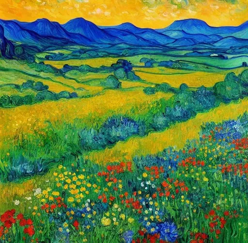 Prompt: Beautiful Romanian welsh painting. Van gough style spring meadow flowers. Baby