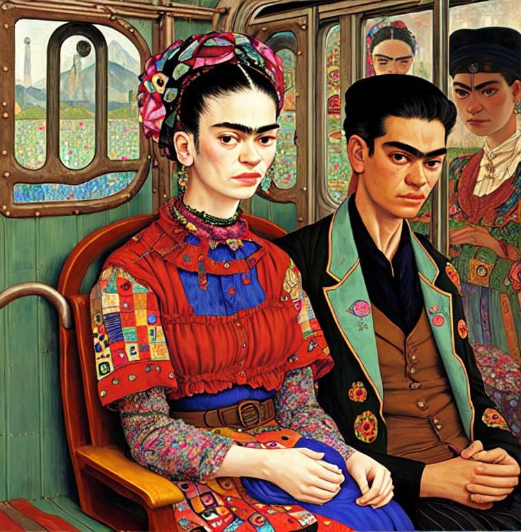 Prompt: A blind man is riding the train. Frida Kahlo a young woman joins him in his carriage, patchwork by Gustav Klimt and James Jean