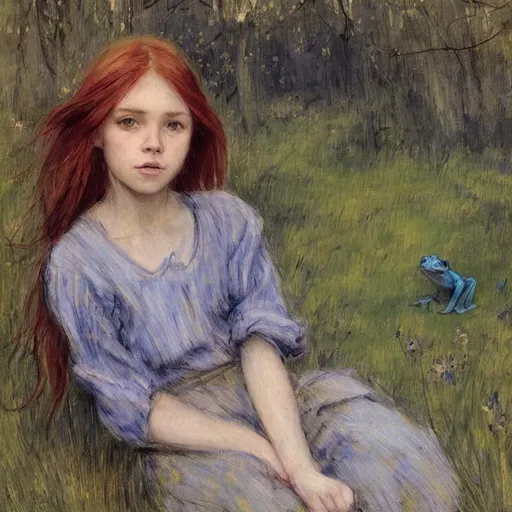 Prompt: cosy, professional painting ,a resting red haired Girl with messy long hair, and a blue Frog, looking at the camera, in a forest, detailed grass, detailed hair, by Jules Bastien-lepage, expressive eyes, detailed lawn, Vibrant Colors, night lighting, centered, wide
