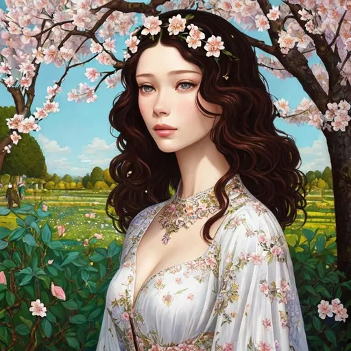 Prompt:  Beautiful Astrid Berges-Frisbey as Woman in garden, almond blossom luminous trees, intriguing flowers, highly detailed painting, intricate, high quality oil painting , woman Sandro Botticelli style and patchwork by Megan Duncanson and Jennifer Lommers and Didier Lourenço 