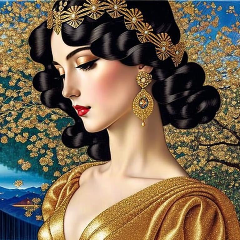 Prompt:  portrait of a Beautiful sensual woman in elegant floreal dress in Art Deco by Annigoni, Egon Schiele, Milo Manara, Botticelli, Catrin Welz-Stein, Jean Metzinger, Klimt, Landscape at nigth, iridiscent sky, without houses, golden ratio, fake detail, trending pixiv fanbox, acrylic palette knife, style of makoto shinkai studio ghibli genshin impact james gilleard greg rutkowski chiho aoshima