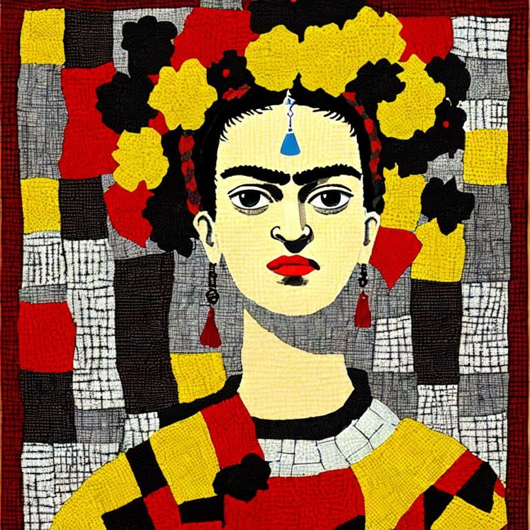 Prompt:  Beautiful Frida Kahlo in red and Black and white and yellow, patchwork by Megan Duncanson and Jennifer Lommers and Didier Lourenço 
