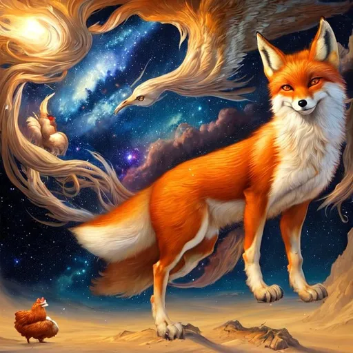 Prompt:  Oil painting by Botticelli portrait of a beautiful fox steling an chicken observing star dust and clouds in the milky-way, stunning image, epic fantasy image, award-winning cgi, artstation, blender 