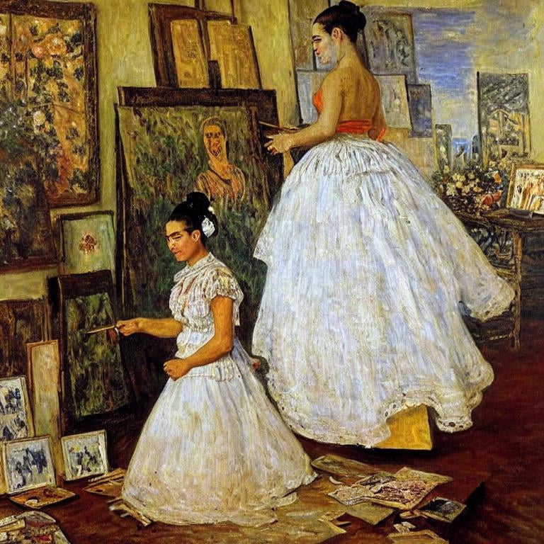 Prompt: a painting by claude monet of a beautiful slender blonde young woman frida kahlo in evening dress in her art studio surrounded by shabby little sketches and small abstract paintings,8k, dynamic lighting, ultra detailed
