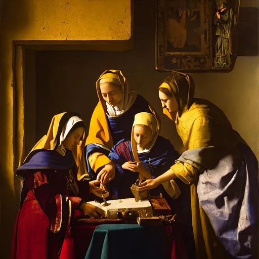 Prompt: The three Marys at the tomb of Jesus, Style Johannes Vermeer, 8k, dynamic lighting, ultra detailed