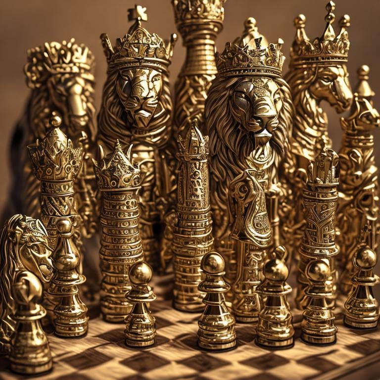 Prompt: Chess with lion as the king lioness as queen horse as knight elephant as bishop and camel as rook and cat as pawn ultra realistic art