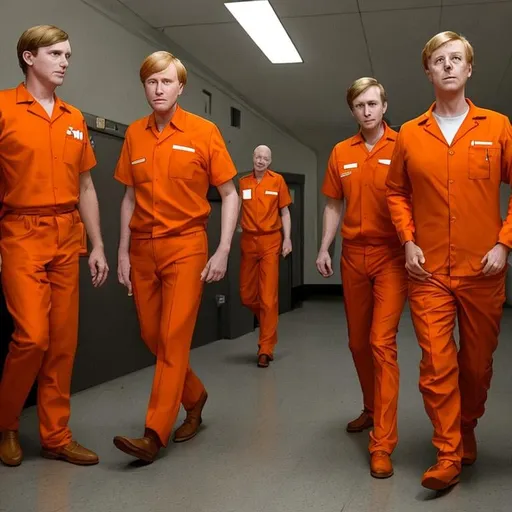 Prompt: King willem alexander in prison wearing orange scrubs prison uniform