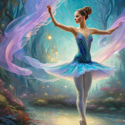 Prompt: The audience was captivated by the swirling iridescent colors of the ballerina's translucent costume as she moved in elegant pirouettes. 
Modifiers:
highly detailed digital painting elegant fantasy 8k high detail colourful Van Gogh Thomas Kinkade magical mystical dreamy Jessica Rossier anatomically correct