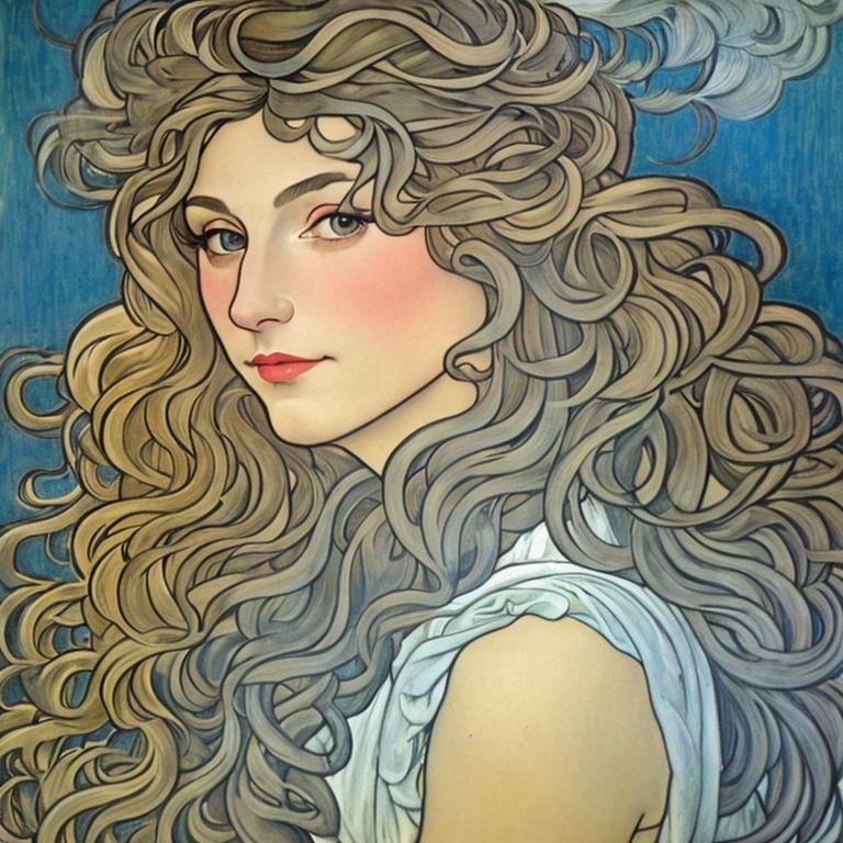 Prompt:  in the style of botticelli. a middle aged woman with long gray hair. she has green eyes. she has green feathers in her air. in the style of alphonse mucha. in the style of maurice sendak.