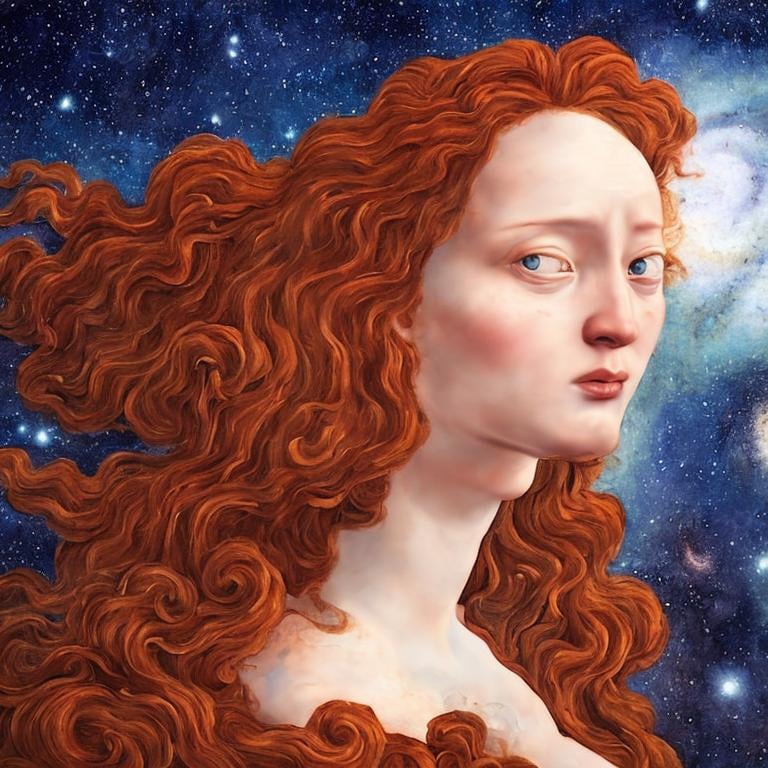 Prompt:  Oil painting by Botticelli portrait of a beautiful woman with curly auburn hair observing star dust and clouds in the milky-way, stunning image, epic fantasy image, award-winning cgi, artstation, blender 