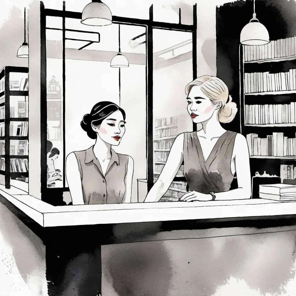 Prompt: minimalist graphic poster of a modern young blonde vietnamese woman sitting behind the counter in a little vintage bookstore. She looks up with pleasant surprise to great a european woman entering the bookshop, solid colors only. one line drawing. art deco and marimekko, final features, illustrative stylization, graphic emphasis, high accent textures, colored line patterns.