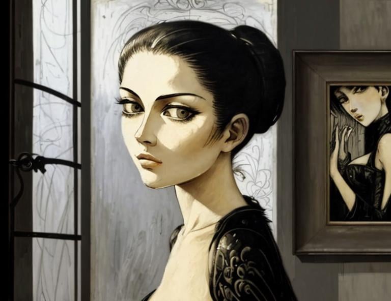 Prompt: sharp focus elegant intricate details sensuality very attractive beautiful high definition crisp quality very cute Bernard Buffet (figurative expressionist French painter)