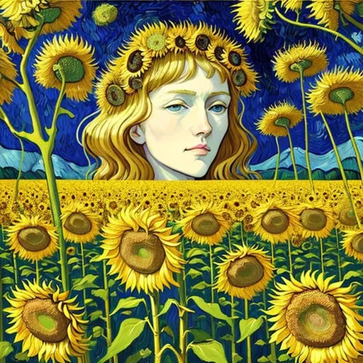 Prompt: oil painting by Vincent Van Gogh, dramatic intense textural brushstrokes, portrait of a beautiful woman standing in a field of Sunflowers and  almond blossom luminous trees, intriguing flowers, highly detailed painting, intricate, high quality oil painting , woman Sandro Botticelli style and patchwork by Megan Duncanson and Jennifer Lommers and Didier Lourenço 