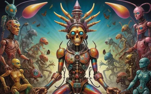 Prompt: In a mind-bending fusion of retro psychedelic surrealism and science fiction, the scene unfolds with vibrant intensity. Imagine a chaotic chessboard come to life, where anthropomorphic and zoomorphic chess pieces clash in a kaleidoscope of colors and shapes. At the center of this psychedelic battleground stands a hybrid half-robot, half-human figure adorned with insect-like appendages and antennas for headgear. Its metallic limbs intertwine with organic matter, blurring the lines between man and machine. Amidst the chaos, a Rastafari character emerges, clad in traditional garments, exuding an aura of mysticism and rebellion. Nearby, a muscular mummy entity dons eastern attire, its bandages unraveled to reveal a formidable presence. Hovering above them all is a stern alien with a swine head, its large teeth bared in aggression. Its gaze pierces through the surreal landscape, hinting at unfathomable motives. In the midst of this psychedelic tapestry, a hippie female figure dances, clad in 60s hippie clothing, her movements a whirlwind of freedom and expression. Every detail of this surreal composition is rendered with meticulous precision, from the intricate designs adorning each character to the aged colors and textures reminiscent of vintage comic books. The result is a mesmerizing tableau that transcends time and space, inviting viewers into a world of boundless imagination and intrigue.