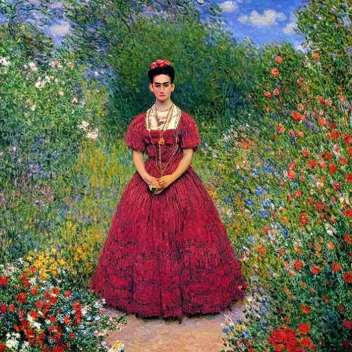 Prompt: a painting by claude monet of a beautiful slender blonde young woman frida kahlo in evening dress on the beach,surrounded by trees and flowers,8k, dynamic lighting, ultra detailed