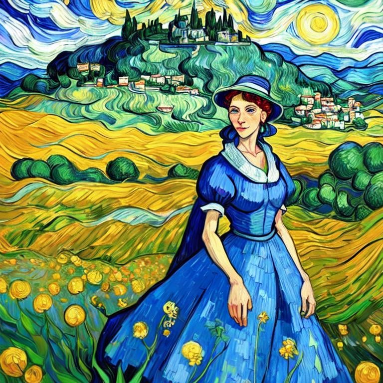 Prompt: Beautiful italian lady in an beautiful landscape of Umbrië, Style Flora Bowley and Vincent van Gogh,8k, dynamic lighting, ultra detailed