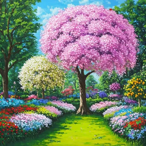 Prompt: cubic painting of flower garden with blossem trees