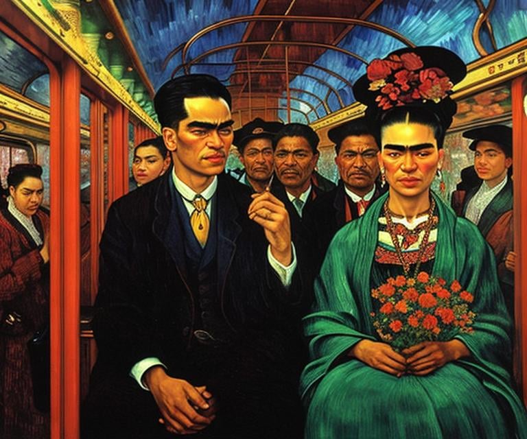 Prompt: A blind man is riding the train. Frida Kahlo a young woman joins him in his carriage, van Gogh style, Fantastic view, Alphonse Mucha , Gustav Klimt, Enki Bilal