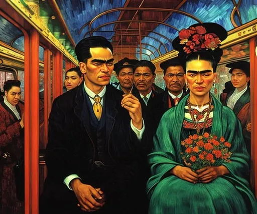 Prompt: A blind man is riding the train. Frida Kahlo a young woman joins him in his carriage, van Gogh style, Fantastic view, Alphonse Mucha , Gustav Klimt, Enki Bilal